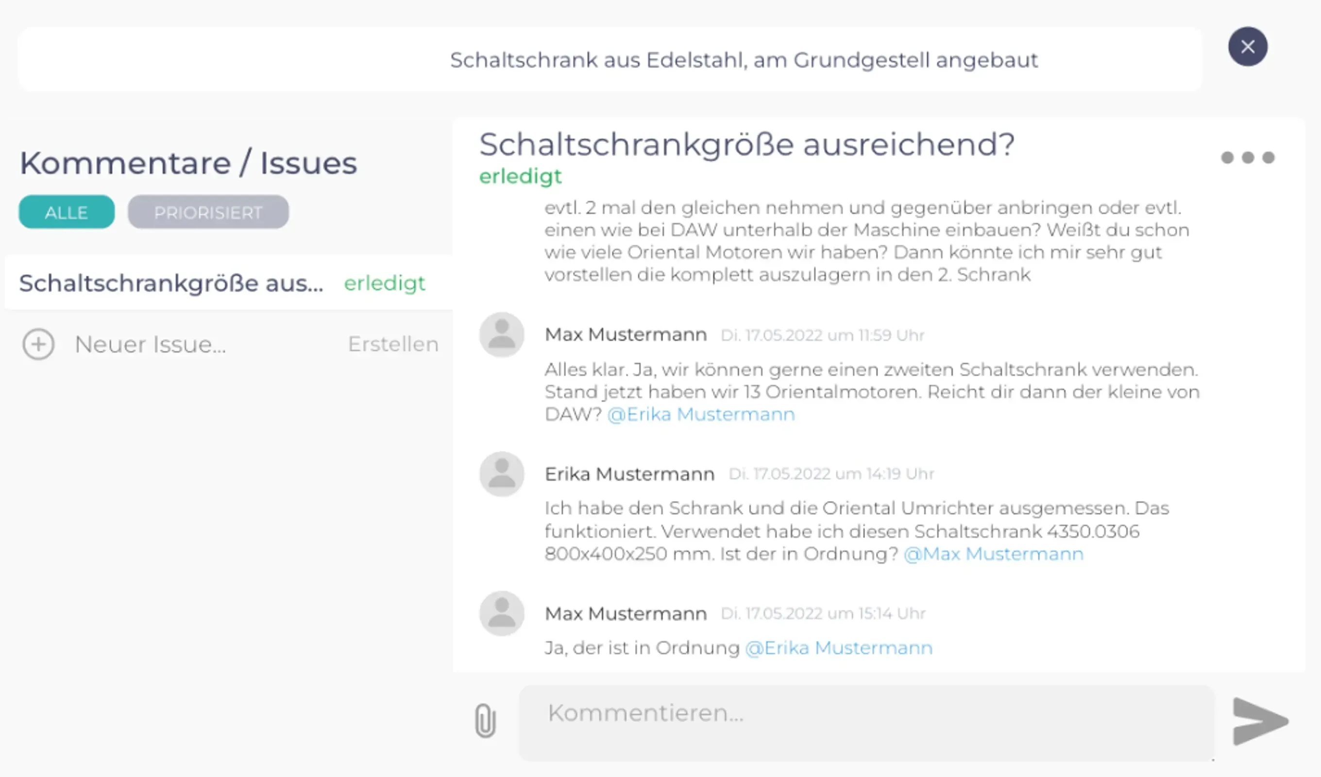 Bildschirmansicht „Kommentare / Issues“ zur Baugruppe „Schaltschrank aus Edelstahl, am Grundgestell angebaut“: die Rückfrage „Schaltschrankgröße ausreichend?“ mit Status erledigt, darunter der Verlauf mit namentlichen Erwähnungen, Datum und Uhrzeit.